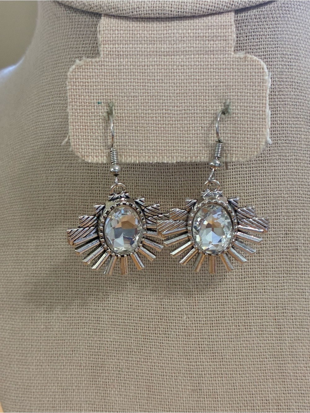 Silver-Tone Sunburst Drop Earrings with Clear Oval Crystal